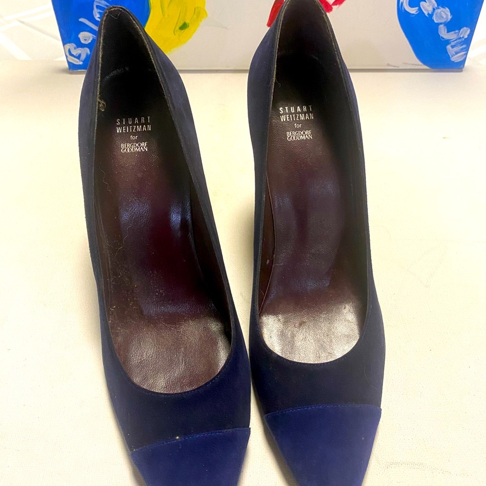 Stuart Weitzman Navy Blue Suede Pointed Cap Toe Stiletto Heels Size 12M